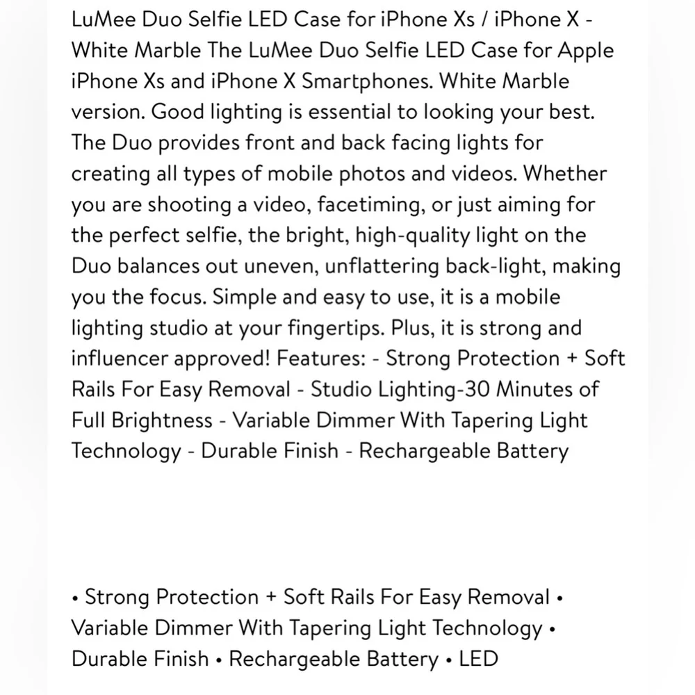 LUMEE Iphone X Lighted Duo Selfie Phone Case White Marble Influencer Cell Light